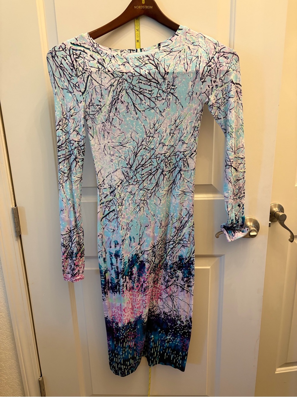 BCBGMaxAzria Pastel Blue & Pink Long Sleeve Printed Dress